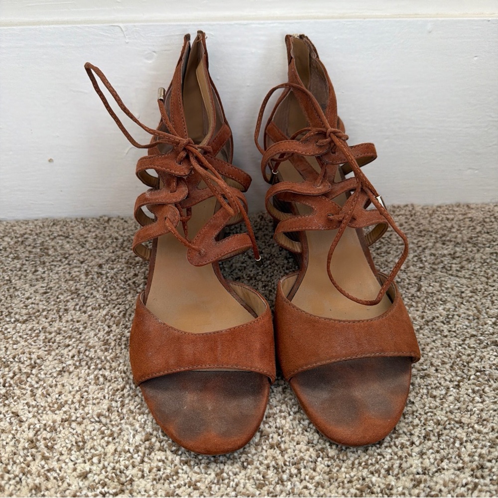 Franco Sarto Mollie Brown Lace-Up Wedge Sandals Size 9 Zipper Back Used